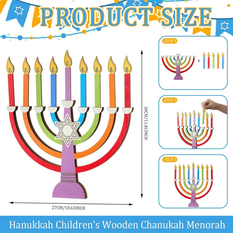 Layhit Hanukkah Menorah Candle Holder Chanukah Wooden Menorah Decorations with Removable Candles for Kids Jewish Holiday Table Centerpiece Party Favors(Colorful) - Image 2